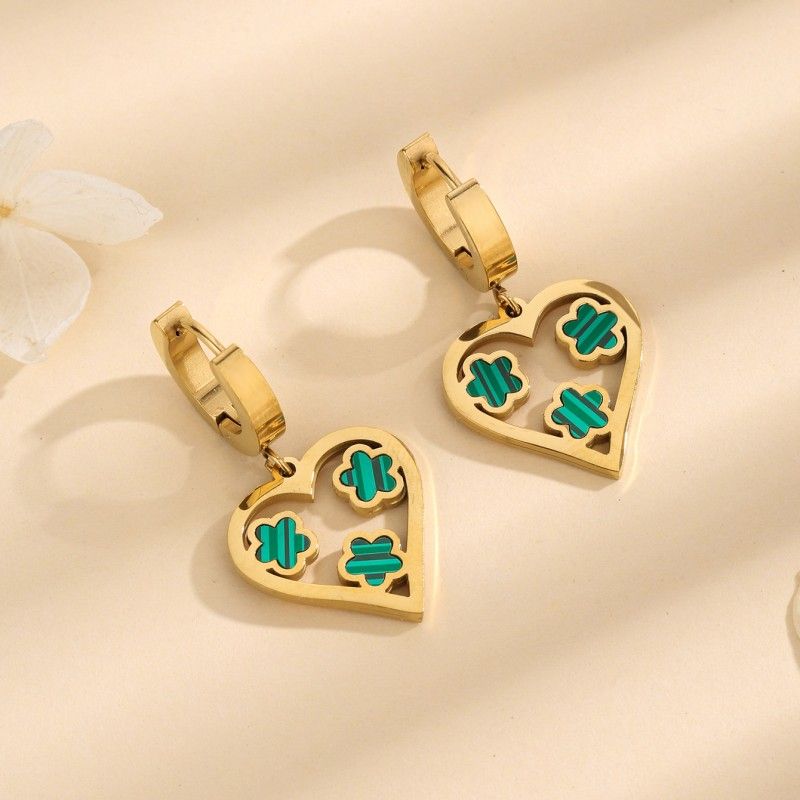 1 Pair Sweet Shiny Heart Shape Flower Hollow Out Inlay Titanium Steel Acrylic 18K Gold Plated Drop Earrings