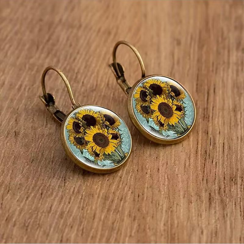 1 Pair Retro Classic Style Sunflower Inlay Alloy Glass Drop Earrings
