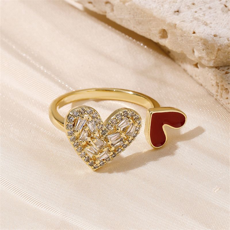 Kupfer 18 Karat Vergoldet IG-Stil Süß Romantisch Asymmetrisch Aushöhlen Inlay Herzform Zirkon Offener Ring