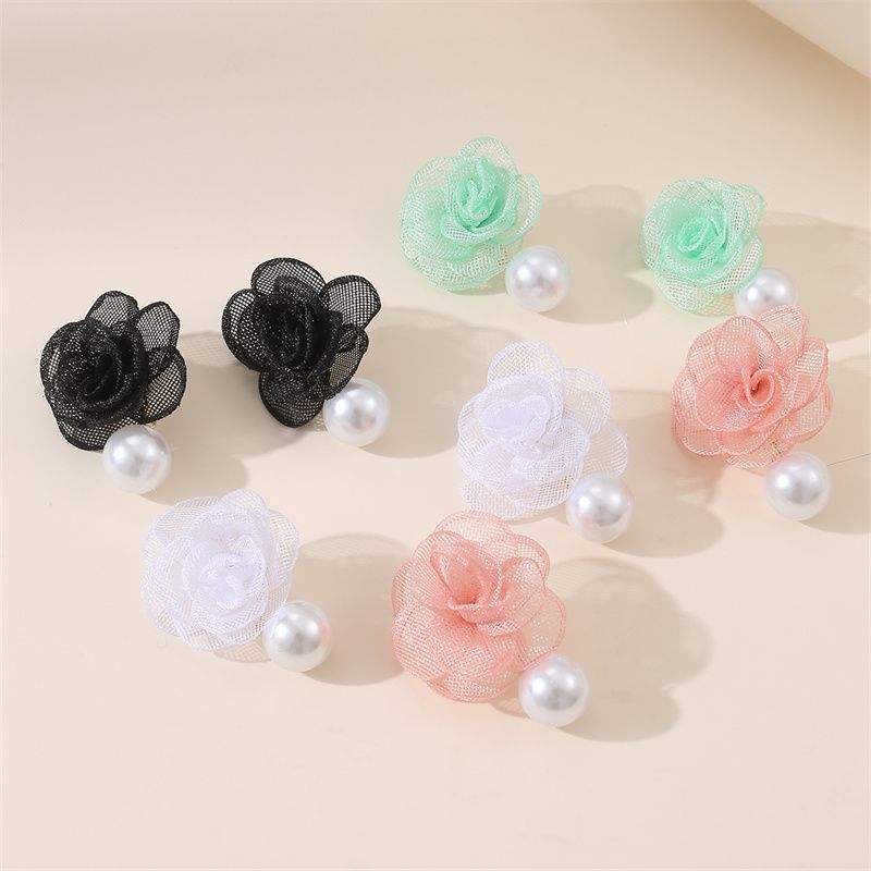 1 Pair Cute Lady Sweet Flower Artificial Pearl Cloth Ear Studs