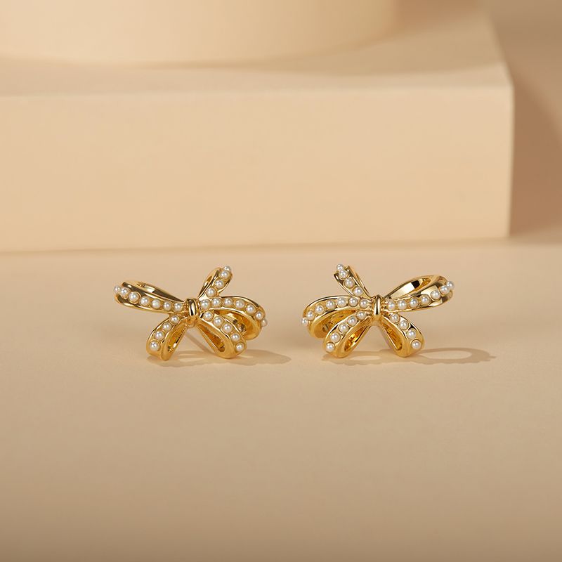 1 Pair Cute Sweet Bow Knot Inlay Copper Pearl Ear Studs