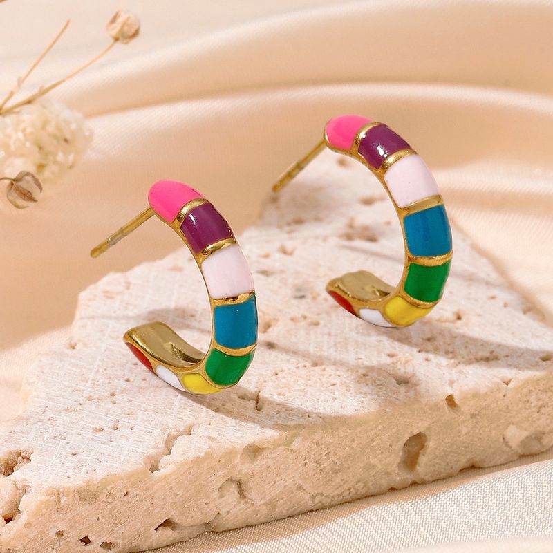 1 Pair Elegant Lady Classic Style C Shape Enamel 304 Stainless Steel 18K Gold Plated Ear Studs