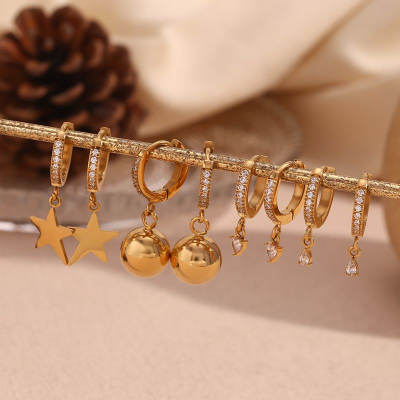1 Pair Simple Style Classic Style Star Ball Inlay 304 Stainless Steel Rhinestones 18K Gold Plated Drop Earrings