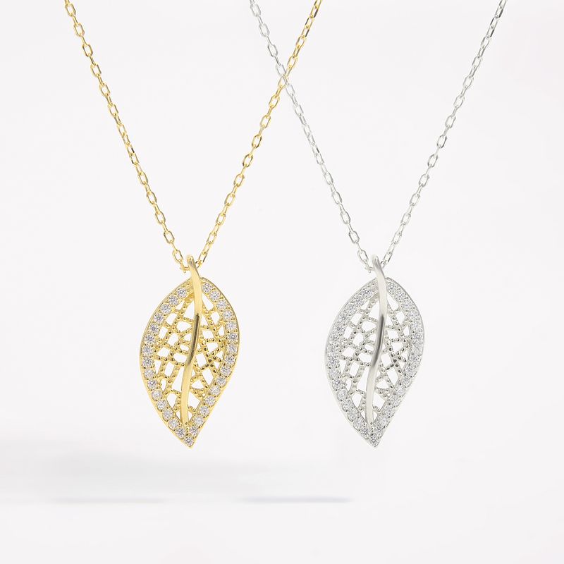 Sterling Silver 14K Gold Plated White Gold Plated Elegant Shiny Plating Inlay Leaf Zircon Pendant Necklace