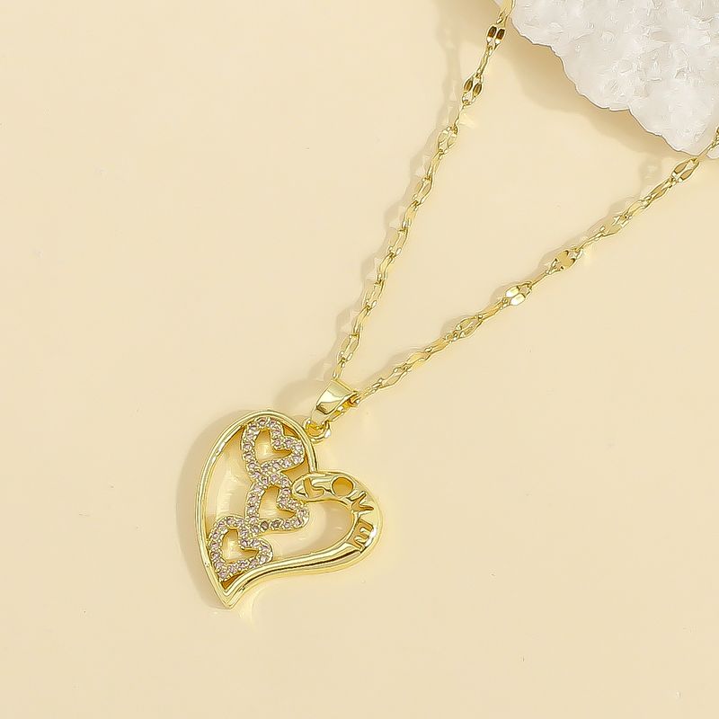 304 Stainless Steel Copper 18K Gold Plated IG Style Elegant Classic Style Plating Inlay Heart Shape Zircon Pendant Necklace
