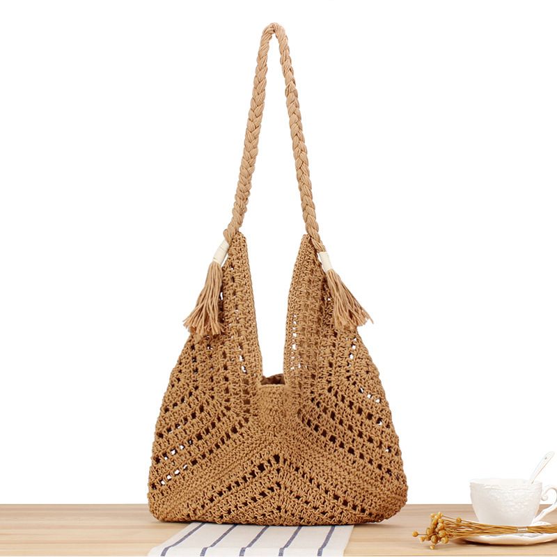 Women's Large Cotton Solid Color Vacation Beach Weave Bucket Open Straw Bag