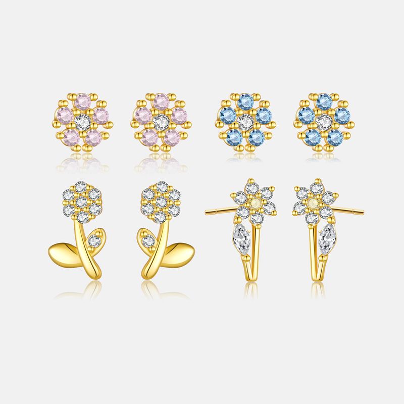 1 Paire Style IG Brillant Fleur Placage Incruster Argent Sterling Zircon Plaqué Or 18K Boucles D'Oreilles