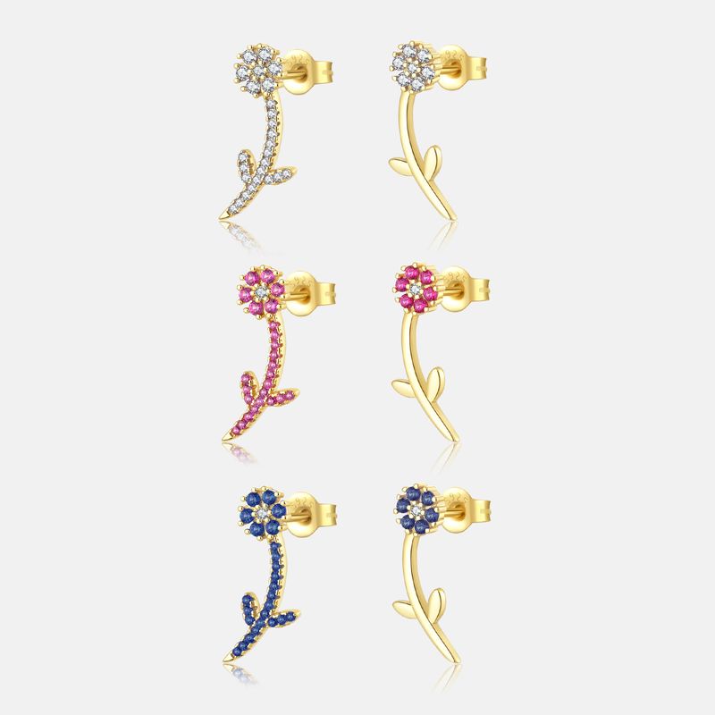 1 Pair Sweet Shiny Flower Inlay Sterling Silver Zircon 18K Gold Plated Ear Studs