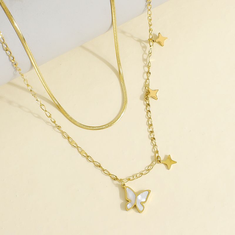 304 Stainless Steel 18K Gold Plated Casual Elegant Luxurious Inlay Star Butterfly Shell Layered Necklaces