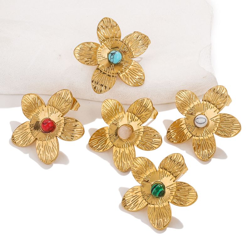 1 Par Estilo Vintage Estilo Simple Flor Embutido Acero Inoxidable 304 Turquesa Pendientes