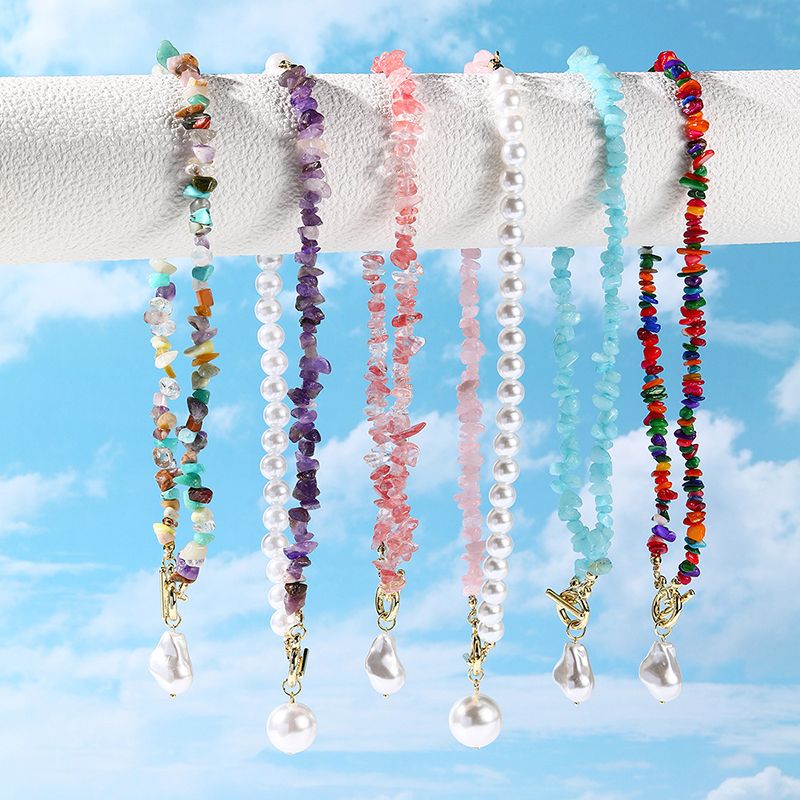Wholesale Jewelry Casual Bohemian Simple Style Geometric Plastic Natural Stone Gravel Toggle Beaded Pendant Necklace