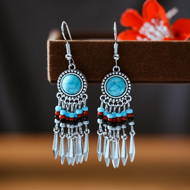 1 Paire Style Ethnique Bloc De Couleur Incruster Alliage Turquoise Boucles D'oreilles