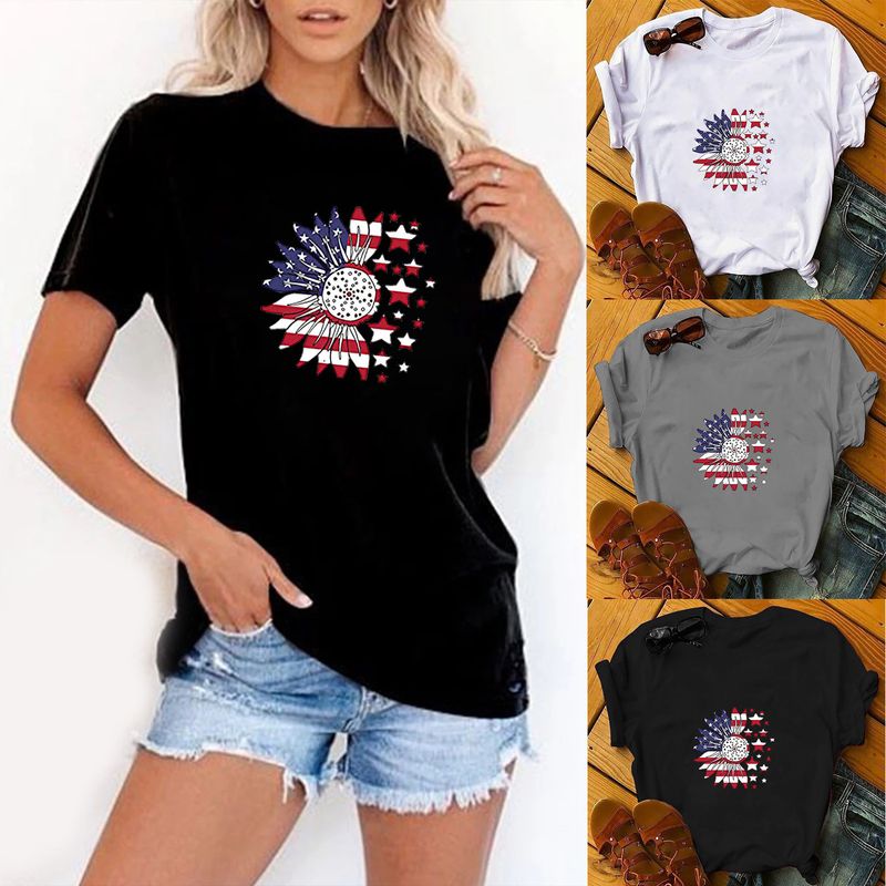 Frau T-Shirt Kurzarm T-Shirts Drucken Patchwork Strassenmode Stern Amerikanische Flagge Blume