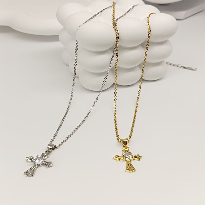 Wholesale Jewelry Simple Style Classic Style Cross Alloy Zircon Gold Plated Inlay Pendant Necklace
