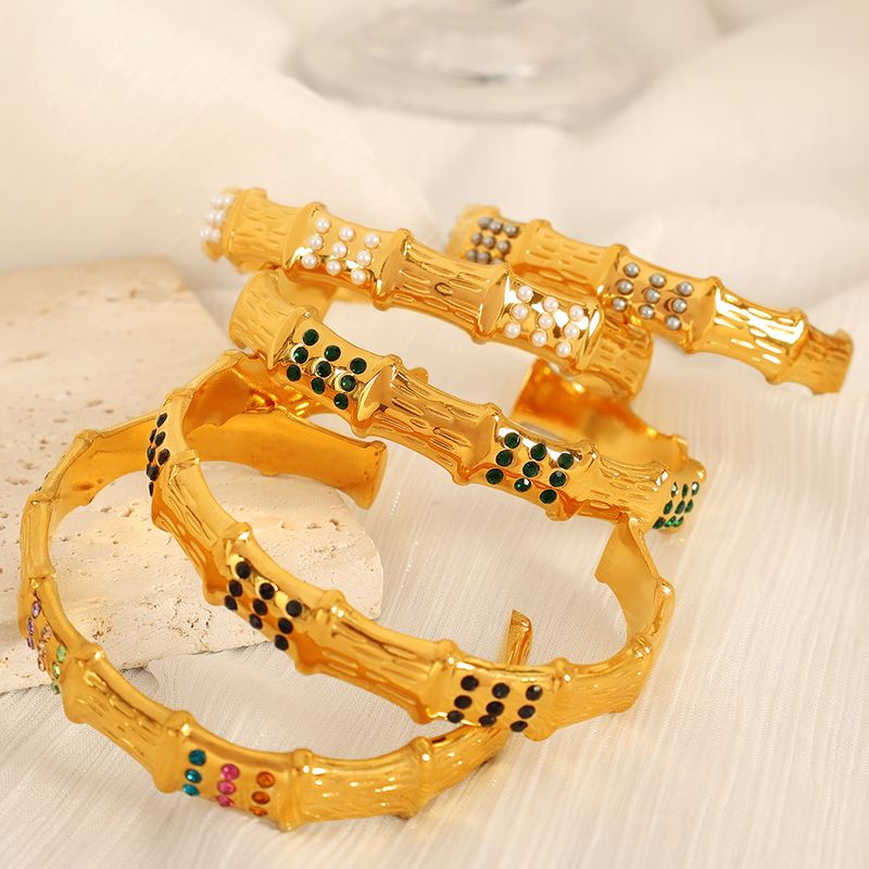 Cuentas De Plástico Acero Titanio Chapados en oro de 18k Estilo Vintage Estilo Simple Enchapado Embutido Bambú Diamantes De Imitación Brazalete