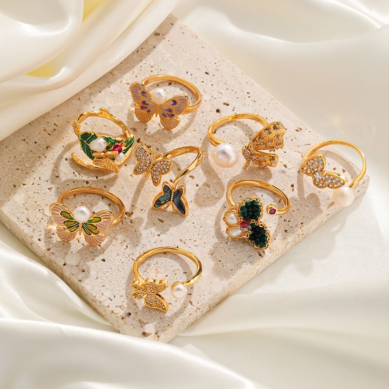 Shell Copper 18K Gold Plated Basic Simple Style Commute Enamel Inlay Butterfly Pearl Shell Zircon Open Rings