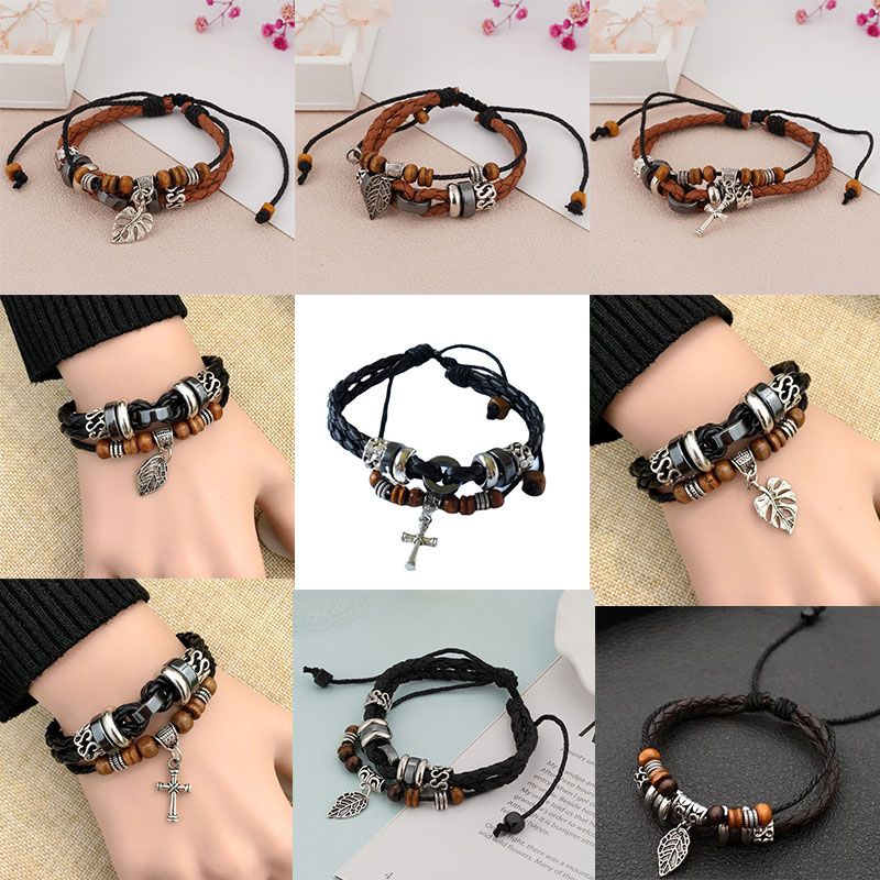 Vintage Style Ethnic Style Cross Leaves Alloy Wooden Beads Rope Unisex Drawstring Bracelets