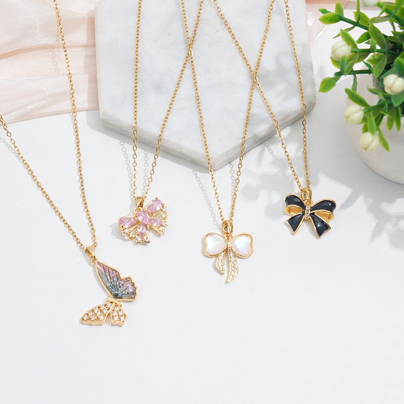 304 Stainless Steel 18K Gold Plated Cute Sweet Commute Enamel Plating Butterfly Bow Knot Zircon Pendant Necklace