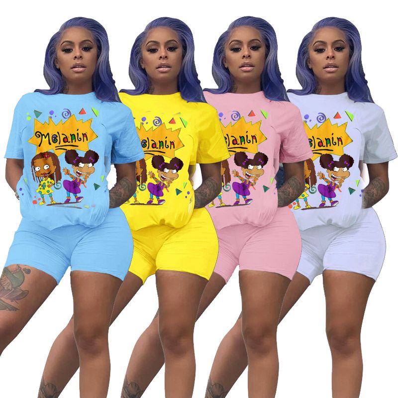 Daily Women's Casual Cartoon Letter Polyester Printing Pants Sets Shorts Sets