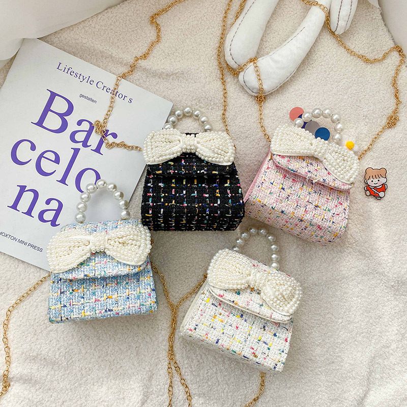 Girl'S Small Cotton And Linen Plaid Bow Knot Elegant Streetwear Beading Square Magnetic Buckle Crossbody Bag
