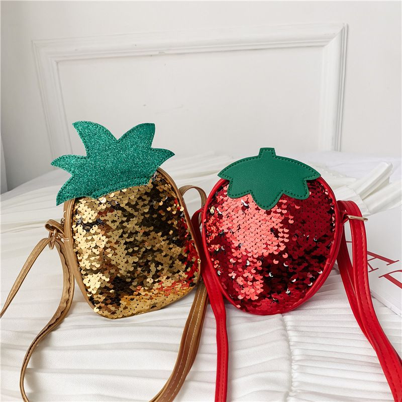 Unisexe Petit Faux Cuir Fraise Ananas Mignon Paillettes Ovale Fermeture Éclair Sac Bandoulière