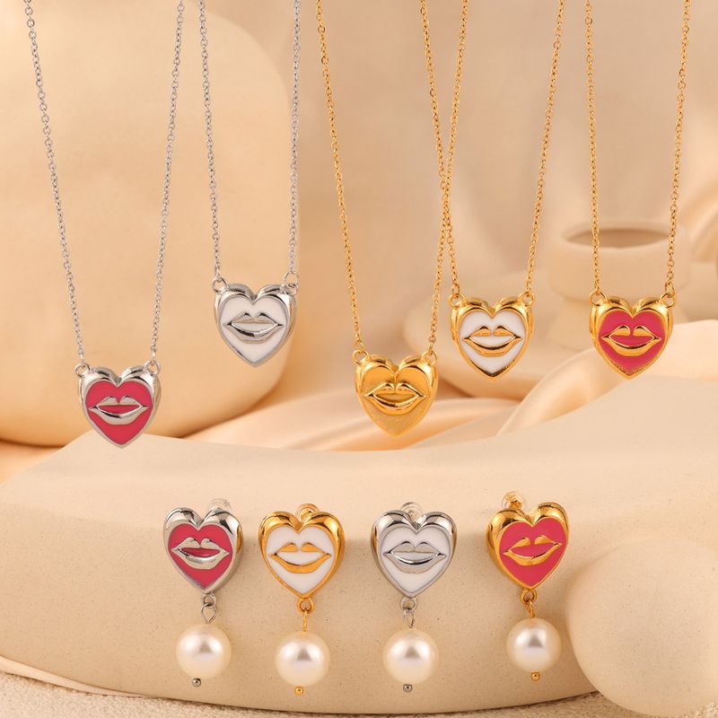 304 Stainless Steel Artificial Pearl 18K Gold Plated Simple Style Artistic Enamel Plating Inlay Lips Round Heart Shape Artificial Pearls Earrings Necklace