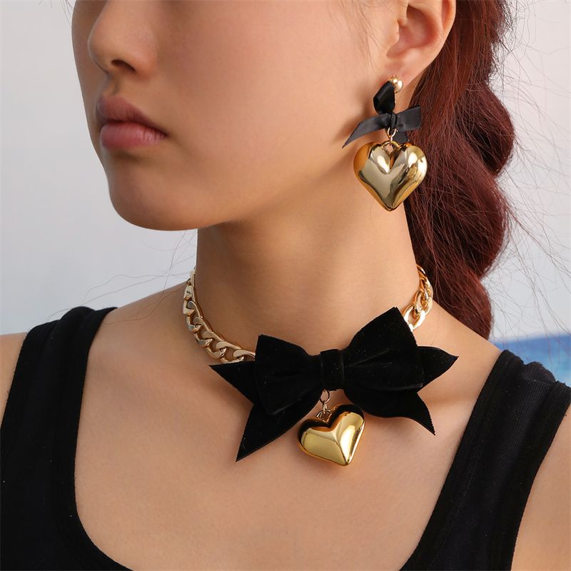 Sweet Simple Style Heart Shape Bow Knot Alloy Women's Earrings Necklace