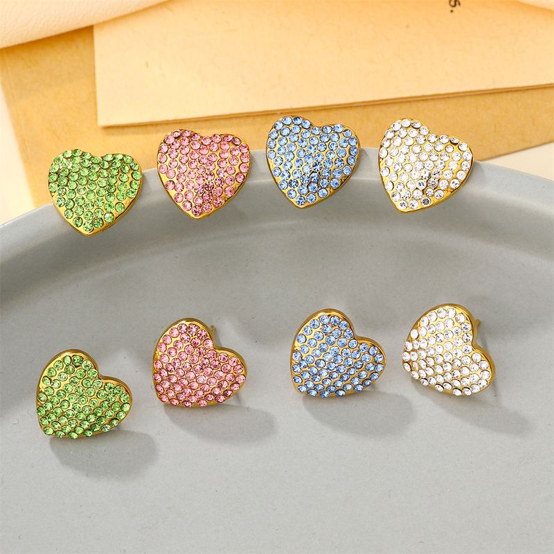 1 Pair Cute Simple Style Shiny Heart Shape Inlay 304 Stainless Steel Zircon 18K Gold Plated Ear Studs