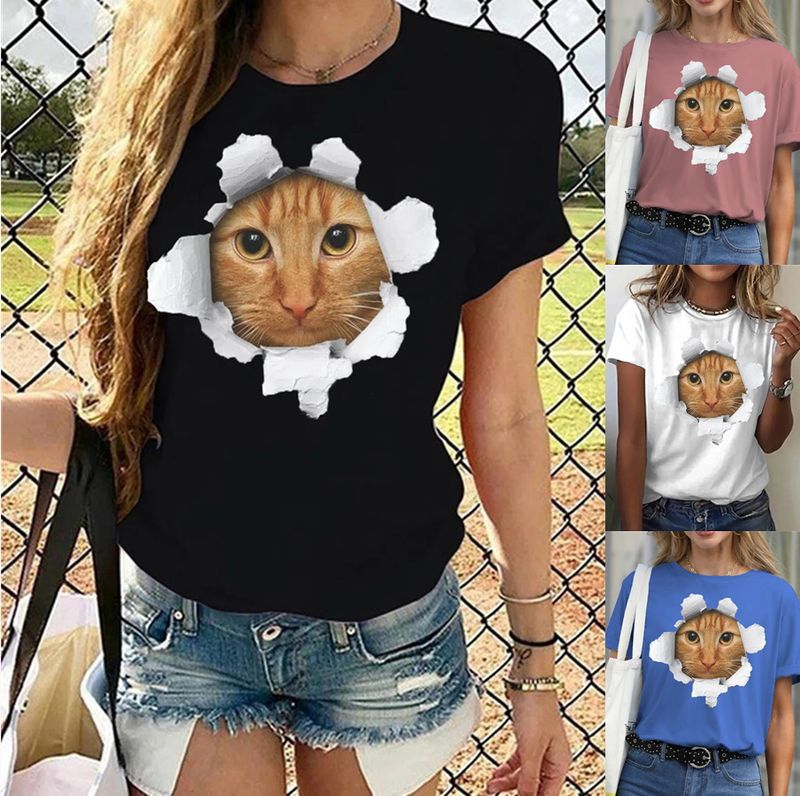 Mujeres Playeras Manga Corta Camisetas Impresión Estilo Simple Gato