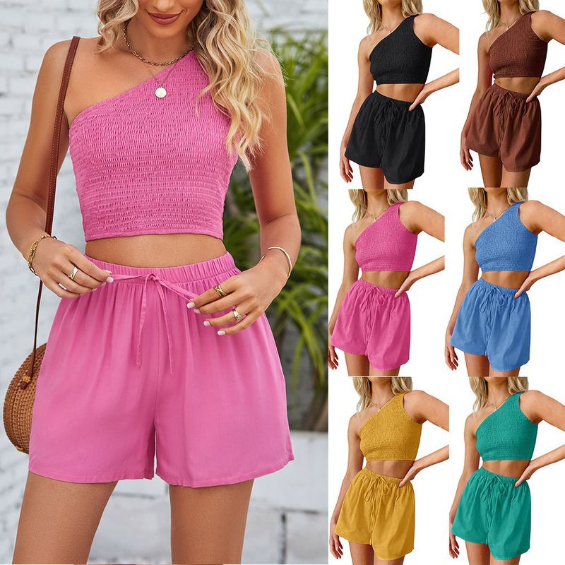 Ferien Täglich Frau Strassenmode Einfarbig Polyester Falten Hosen-Sets Shorts-Sets