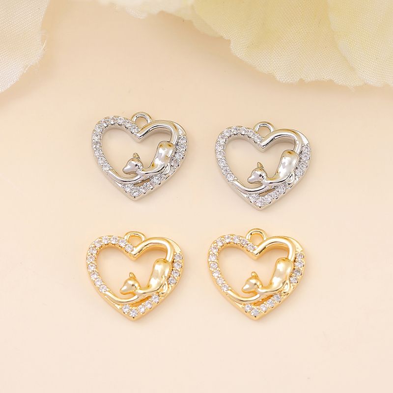 1 Piece 13 * 12mm Copper Zircon 18K Gold Plated White Gold Plated Heart Shape Cat Polished Pendant