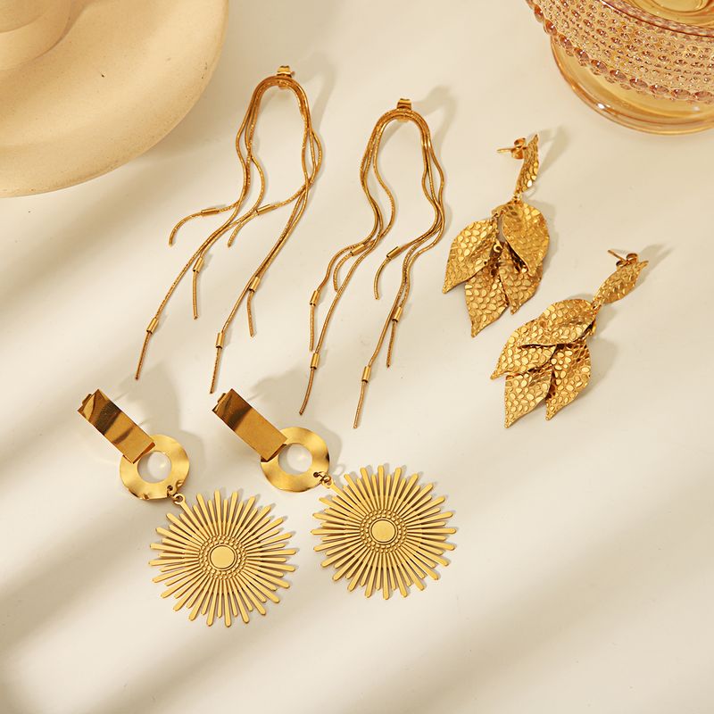 1 Pair Vintage Style Simple Style Classic Style Leaf Tassel Solid Color Plating 304 Stainless Steel 18K Gold Plated Drop Earrings