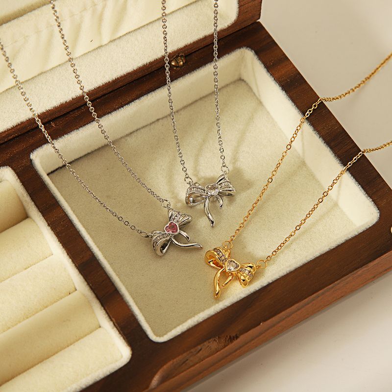 304 Stainless Steel Copper 18K Gold Plated Casual Simple Style Inlay Bow Knot Zircon Pendant Necklace