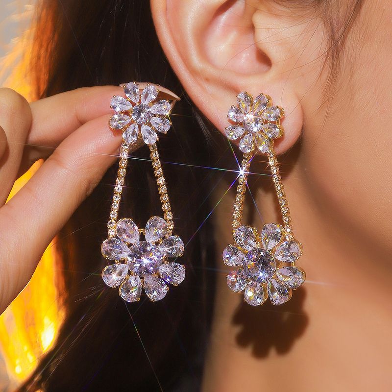 1 Paire Sucré Brillant Fleur Incruster Strass Strass Boucles D'oreilles