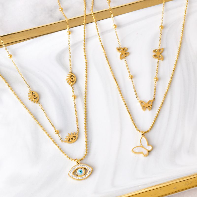 Titanium Steel Casual Simple Style Plating Hollow Out Inlay Devil's Eye Shell Zircon Double Layer Necklaces