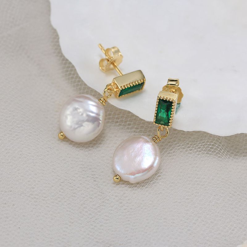 1 Pair Baroque Style Sweet Simple Style Geometric Plating Inlay Freshwater Pearl Sterling Silver Zircon Drop Earrings