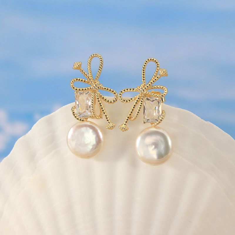 1 Pair Baroque Style Sweet Simple Style Bow Knot Plating Inlay Freshwater Pearl Sterling Silver Freshwater Pearl Zircon Drop Earrings