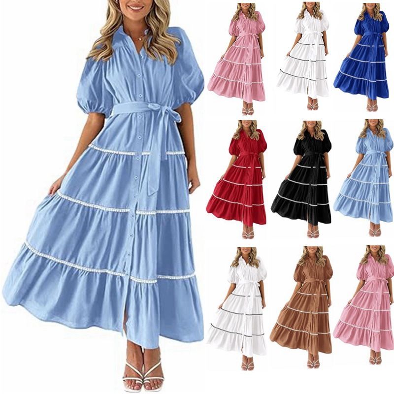 Frau Normales Kleid Einfacher Stil Ablehnen Kurzarm Einfarbig Midi-Kleid Täglich