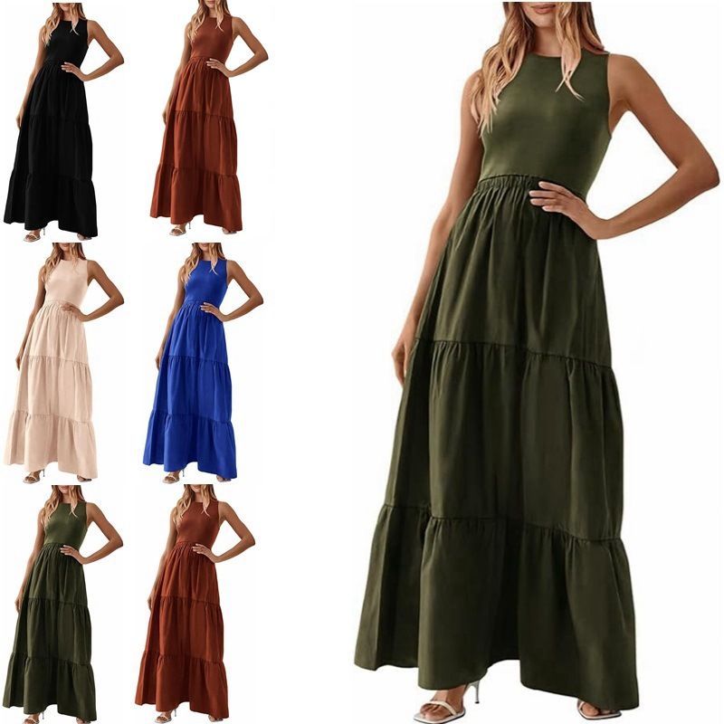 Frau Normales Kleid Einfacher Stil Rundhals Tasche Ärmellos Einfarbig Midi-Kleid Täglich