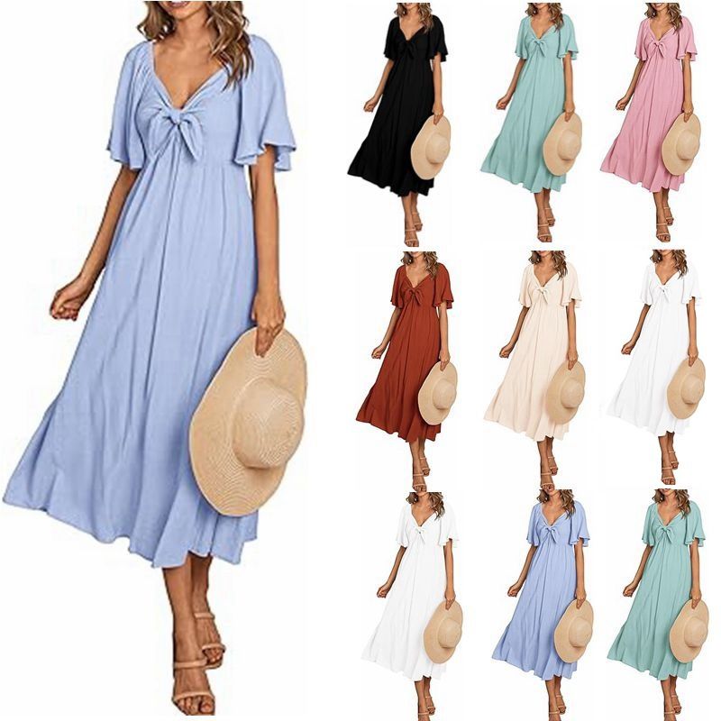 Women's Swing Dress Simple Style V Neck Bowknot Short Sleeve Solid Color Midi Dress Daily