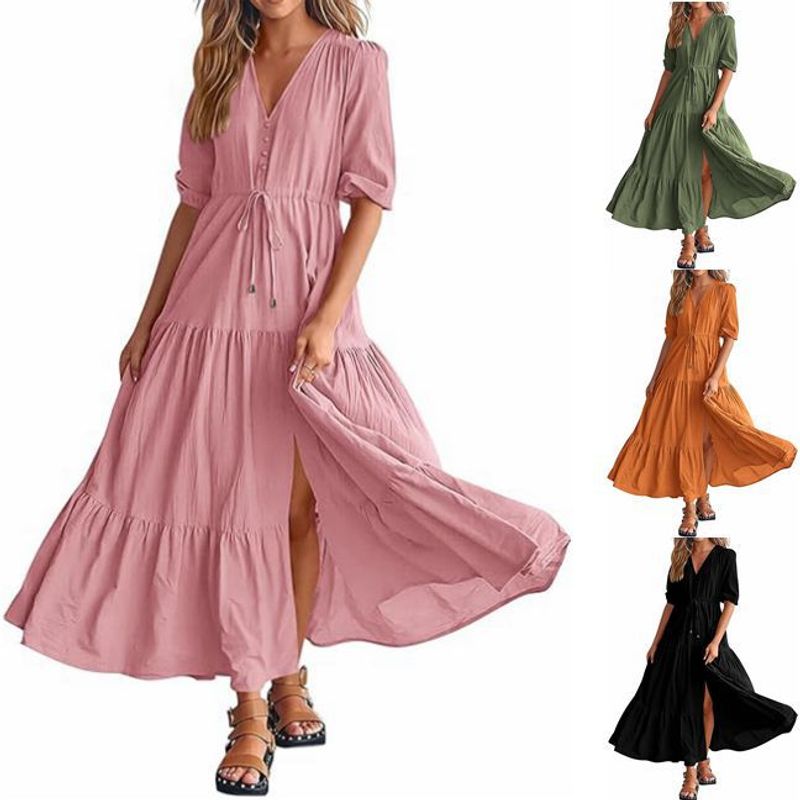 Mujeres Vestidos Normal Estilo Simple Cuello En V Botón Manga Corta Color Sólido Vestido Maxilargo A Diario