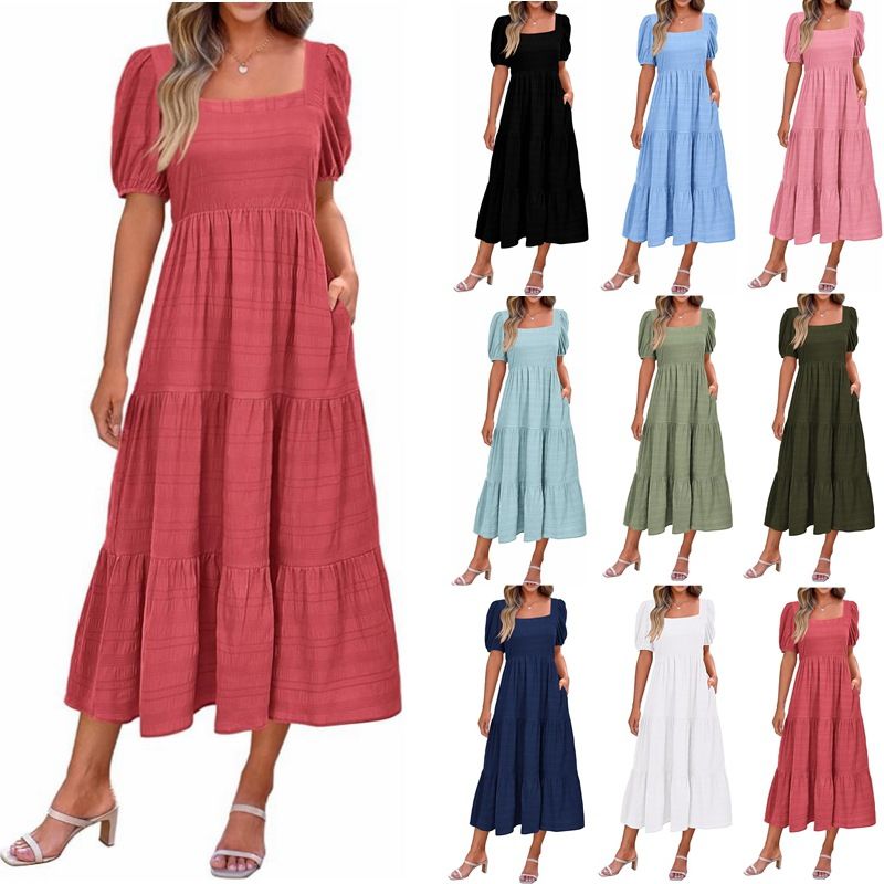 Women's Regular Dress Simple Style Square Neck Backless Short Sleeve Solid Color Maxi Long Dress Holiday Daily
