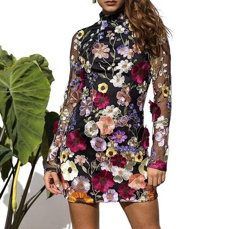 Women's Sheath Dress Sexy Round Neck Long Sleeve Flower Above Knee Holiday Party Date