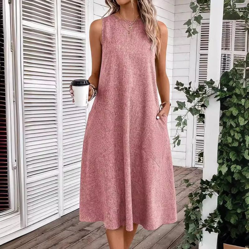 Women's Regular Dress Vintage Style Round Neck Pocket Sleeveless Solid Color Midi Dress Holiday Daily Date