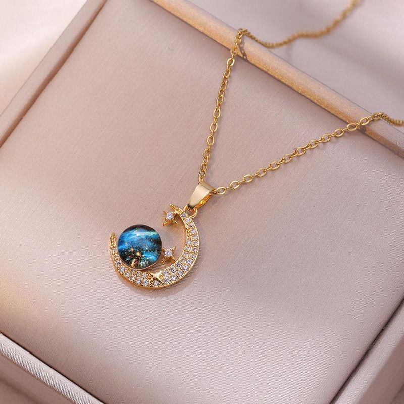 Wholesale Jewelry Simple Style Shiny Round Star Moon Alloy Rhinestones Plating Inlay Pendant Necklace