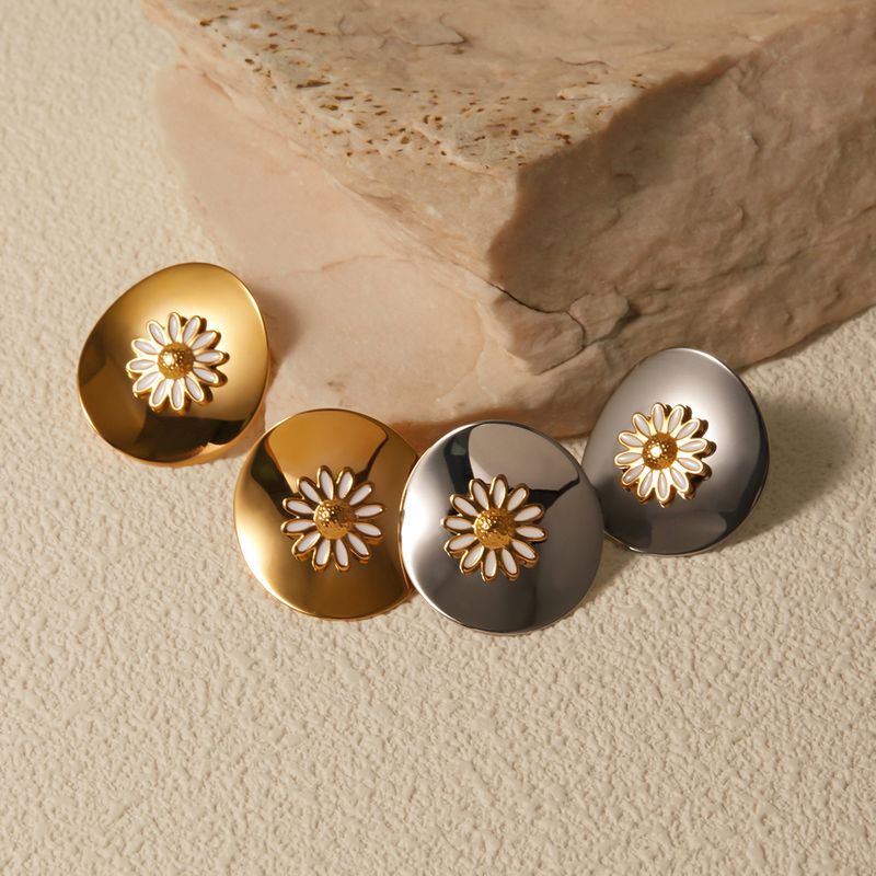 1 Pair IG Style Sweet Daisy Enamel 304 Stainless Steel 18K Gold Plated Ear Studs
