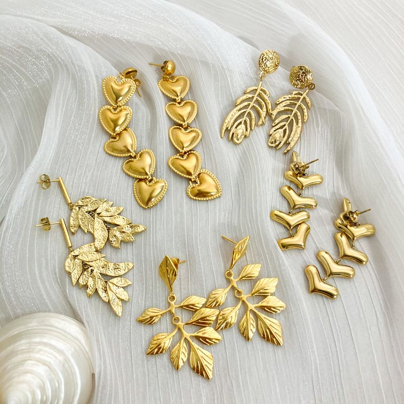 1 Pair IG Style Fairy Style Korean Style Leaves Heart Shape Feather 304 Stainless Steel 14K Gold Plated Drop Earrings