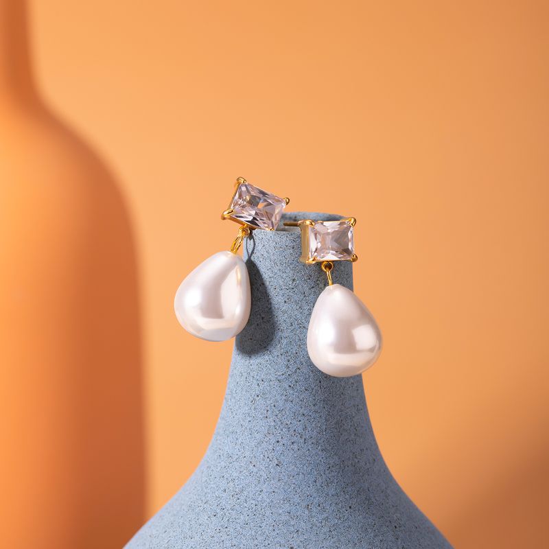 1 Pair IG Style Elegant Water Droplets Pearl Inlay 304 Stainless Steel Zircon 18K Gold Plated Drop Earrings