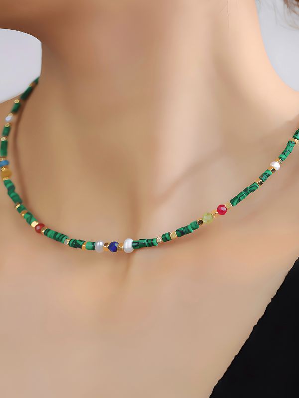 Ein Naturstein Kupfer 18 Karat Vergoldet Bohemien Klassischer Stil Perlen Geometrisch Halskette