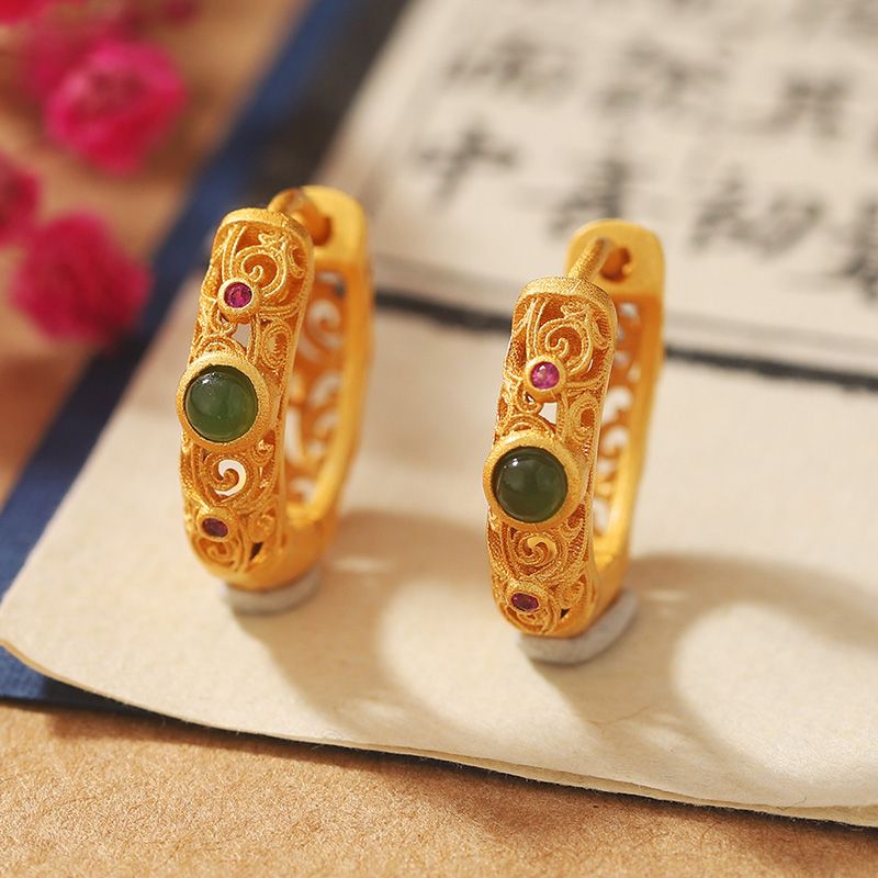 1 Pair Classical Retro Color Block Hollow Out Inlay Copper Glass 24K Gold Plated Earrings